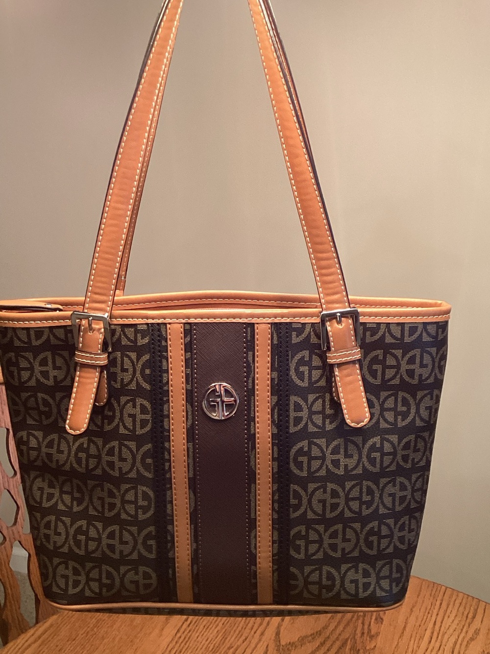 Gianni Bini Brown Monogram Tote with Tan Trim